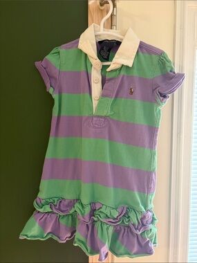 Ralph Lauren Girls' Green and Lavender Striped Polo Ruffle Dress